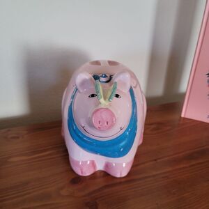 Ceramic pig cookie jar fat piglet pink country handkerchief butterfly cottage